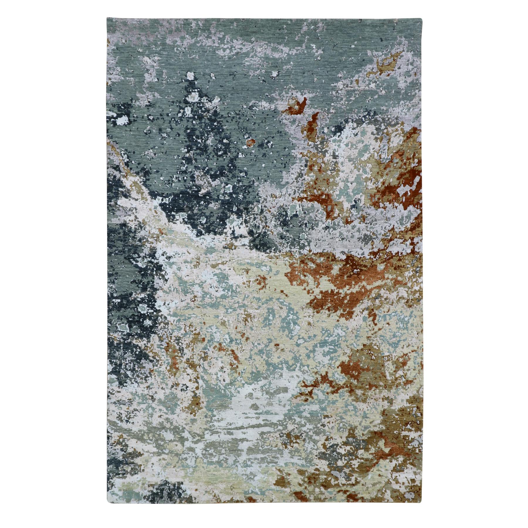 Mineral Blue with Beige, Persian Knot, Abstract with Galaxy Design, Pure Wool, Hand Knotted, Densely Woven, Oriental Rug